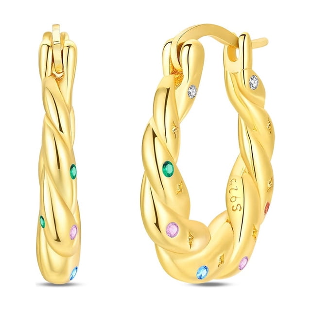 Arete Dorado de Zirconia de Colores Trenzado Bañado en Plata