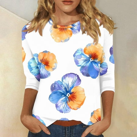 Patlollav Womens Tops Casual 3/4 Sleeve Shirts Crew Neck Loose Casual Blouses Floral Print Tshirts