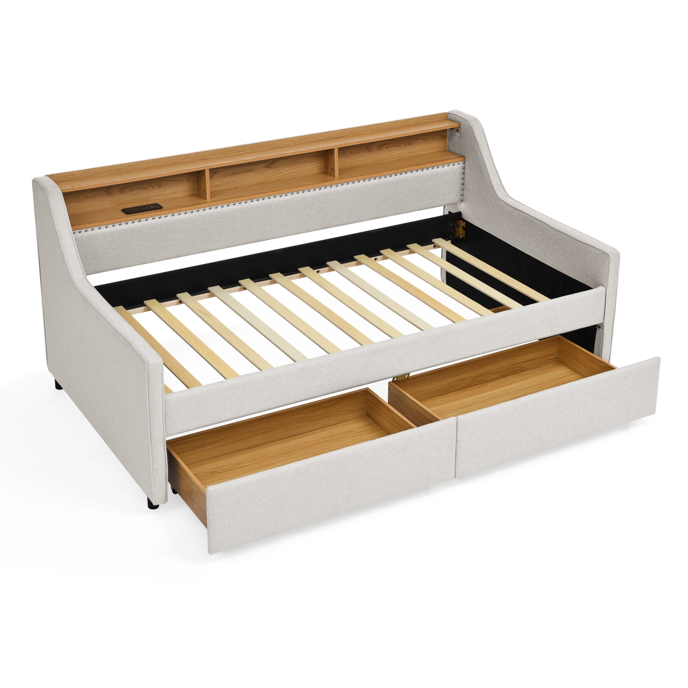 Noble House Zerra Twin Size Upholstery Sofa Bed, Linen  Padded Daybed Frame with LED Lights Headboard & Drawer, Beige