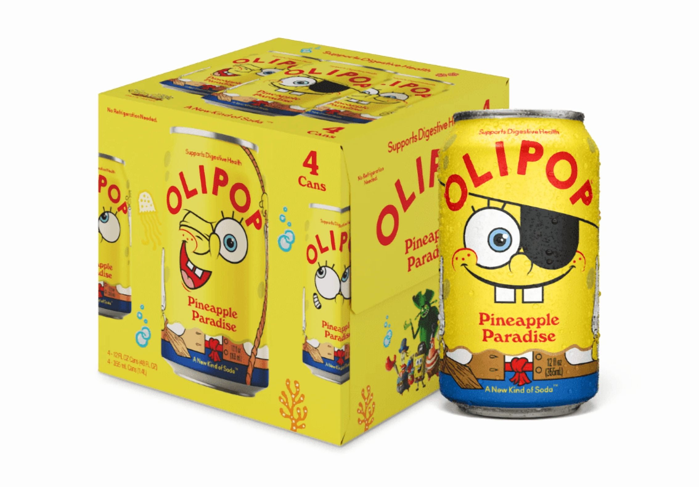 OLIPOP Prebiotic Soda, SpongeBob Pineapple Paradise, 12 fl oz, 4