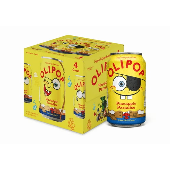 OLIPOP Prebiotic Soda, SpongeBob Pineapple Paradise, 12 fl oz, 4 pack, Pantry Pack