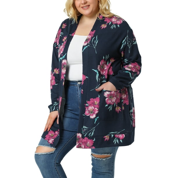Cárdigan de talgrande pamujer Cárdigan floral de punto con frente abierto ligero Azul marino XXL