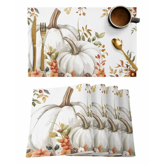 Thanksgiving Beige Pumpkin Placemats Set of 2 Fall Fallen Leaves Flower Heat Insulation Washable Place Mats, Rustic Non-Slip Table Mats for Dining Table Party Kitchen Decor,13x19 Inch