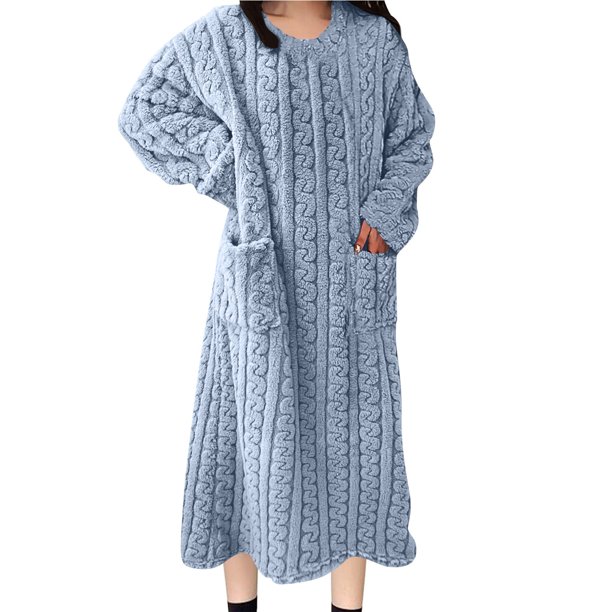 Camisón largo de moda para mujer, bata de baño alargada, abrigada, de manga larga, con bolsillo