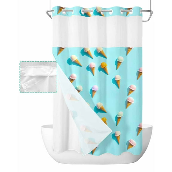 No Hook Shower Curtain with Snap in Liner, Summer Pink and Green Ice Cream Blue Background Hotel Shower Curtains for Bathroom, Washable Shower Curtain Liner Set with Mesh Top Window, 54"x78"