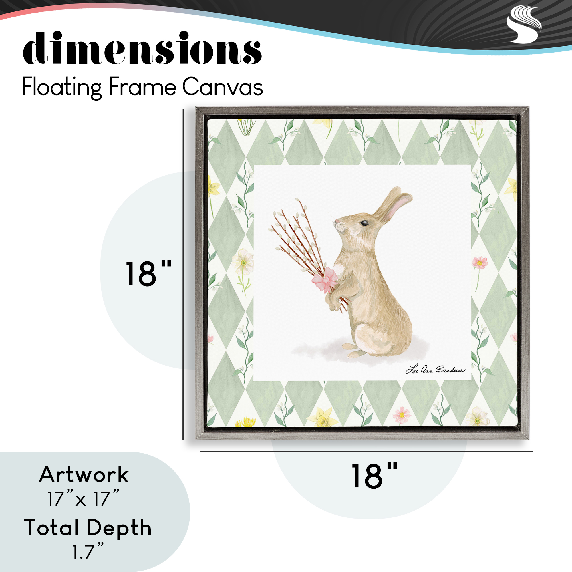 Bouquet Bunny on Green Argyle Gray Framed Floater Canvas Wall Art, design by Lee Ann Sanders