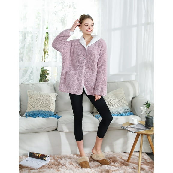 Loungees Sherpa Reversible Button Front Bed Jacket/House coat Lounge Jacket