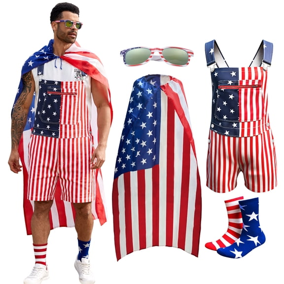 250th Anniversary American Flag Overalls Men,4th of July Socks,Patriotic Sunglasses,USA Cape,4 Pcs for Memorial Labor Day(Red White and Blue,L)