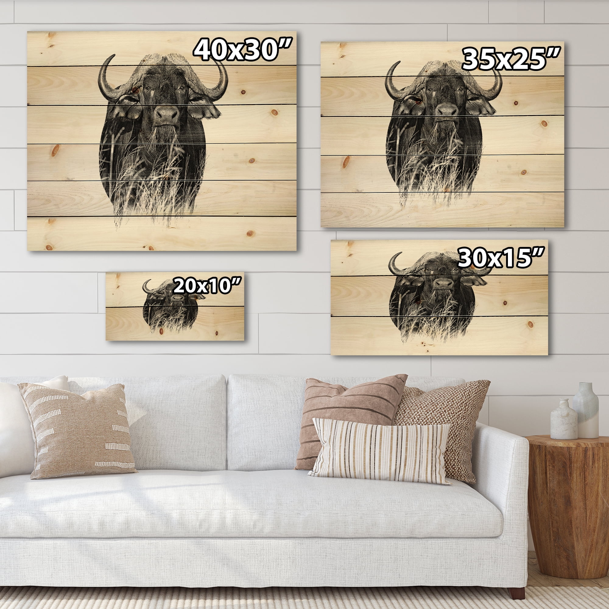 Designart 'Black and White Portrait Of Buffalo IV' Farmhouse Print on Natural Pine Wood