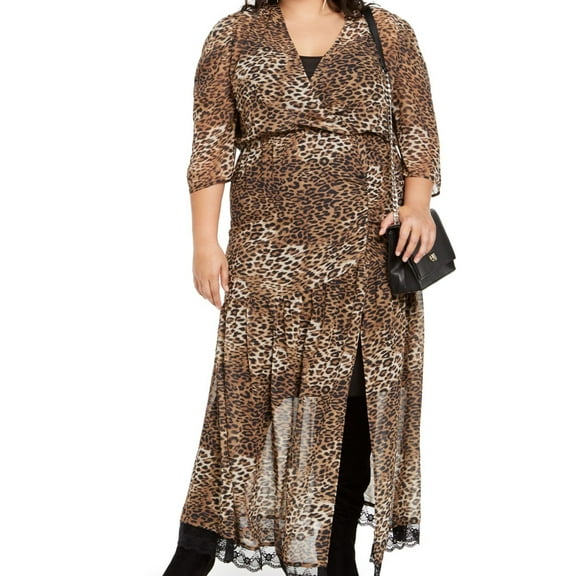 NY Collection Womens Leopard Slit Maxi Dress, Brown, Plus Size, 3X