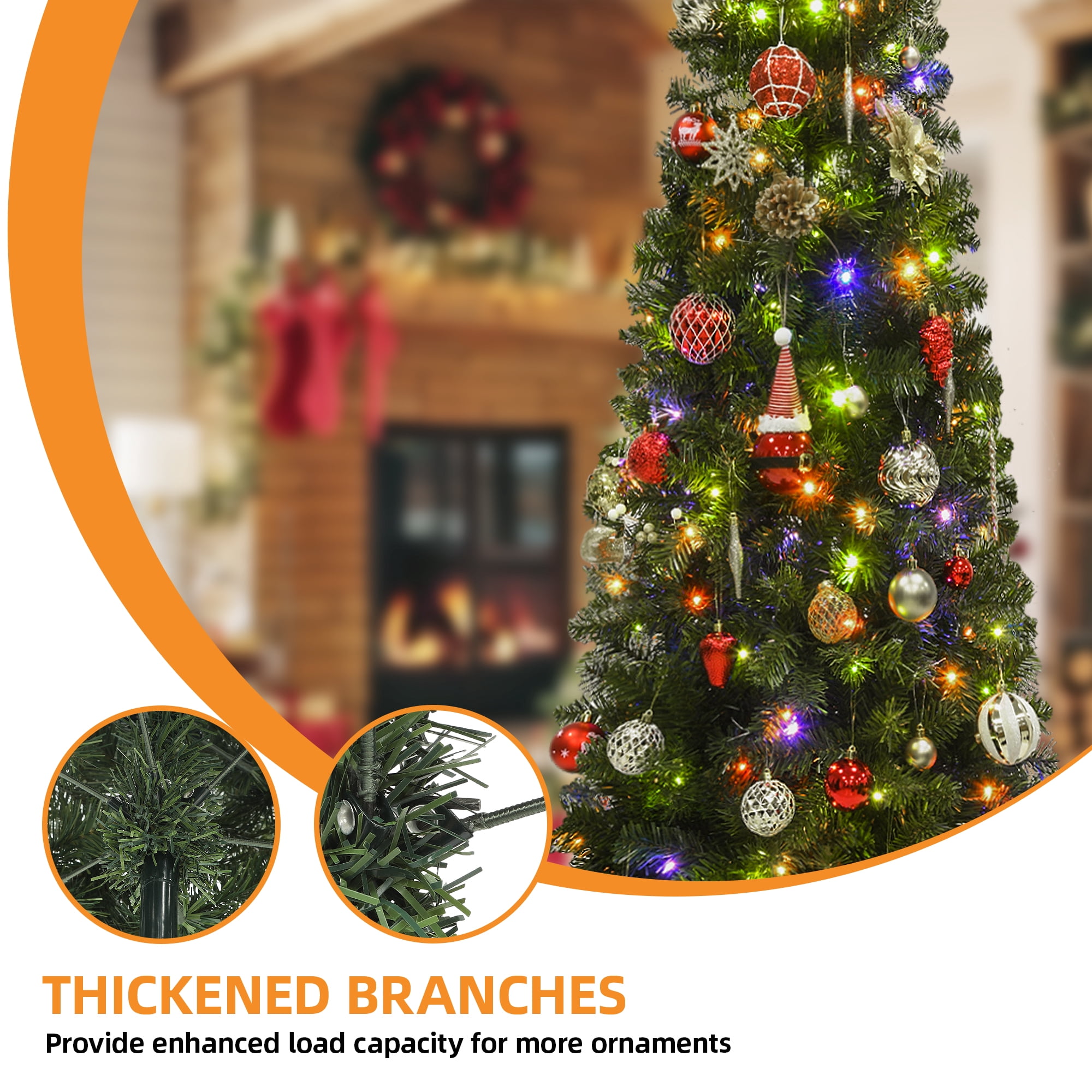 Uforic 7.5ft Pre-Lit Artificial Pencil Christmas Tree,Slim Fraser Fir Christmas Tree with 1000 Branch Tips and 350 Lights,Green