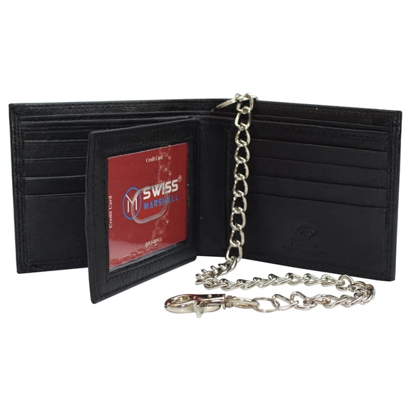 Swiss Marshall Men's RFID Blocking Premium Leather Bifold Multi-Card Compact Center Flip Wallet Black with Chain