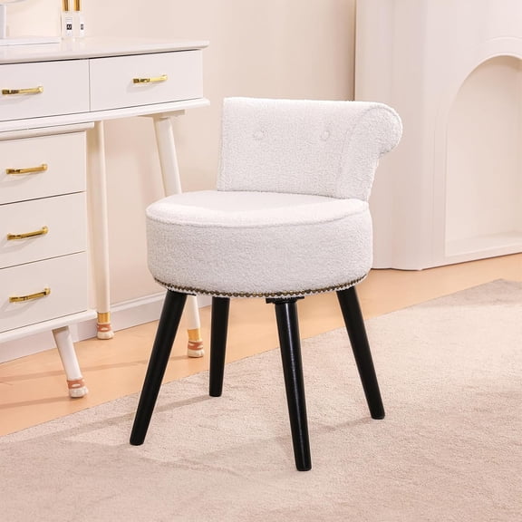 Teddy Vanity Chair with Back for Bedroom Tufted Low Back Makeup Chair with Wooden Legs, Modern Elegant Dressing Table Stool for Dressing Room and Bathroom(White)