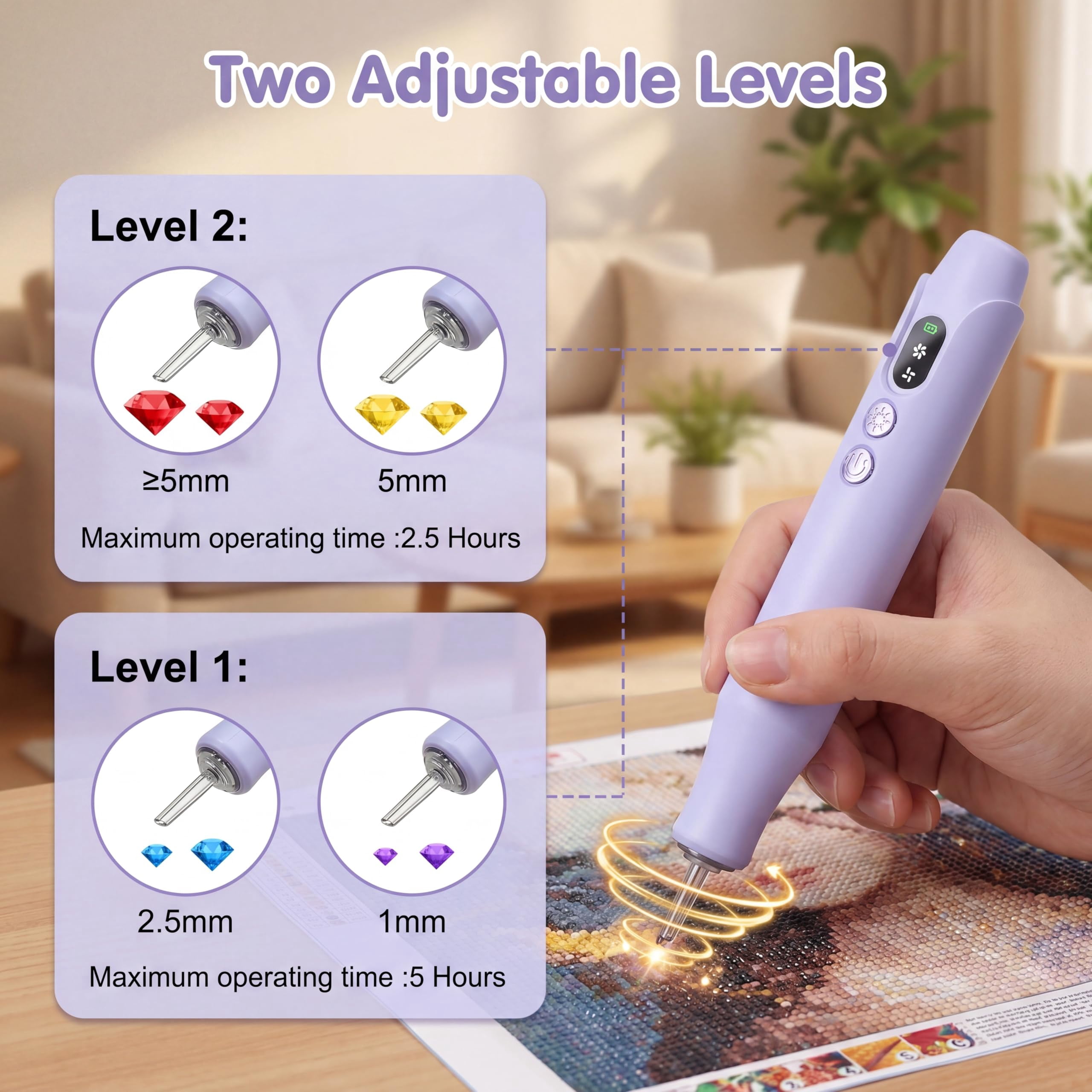 Electric Diamond Art Painting Pen, Cordless Quiet Vacuum Picker, No Wax Needed, 3 Speeds with LED Light, Ergonomic Dot Drill Tool, Diamond Art Accessory for DIY Diamond Painting,Purple