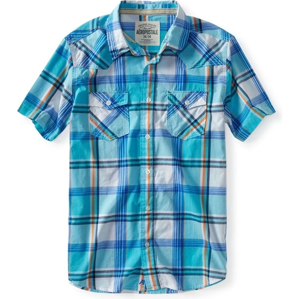 Aeropostale - Camisa con botones para hombre, diseño de bulldog a cuadros, color azul, grande