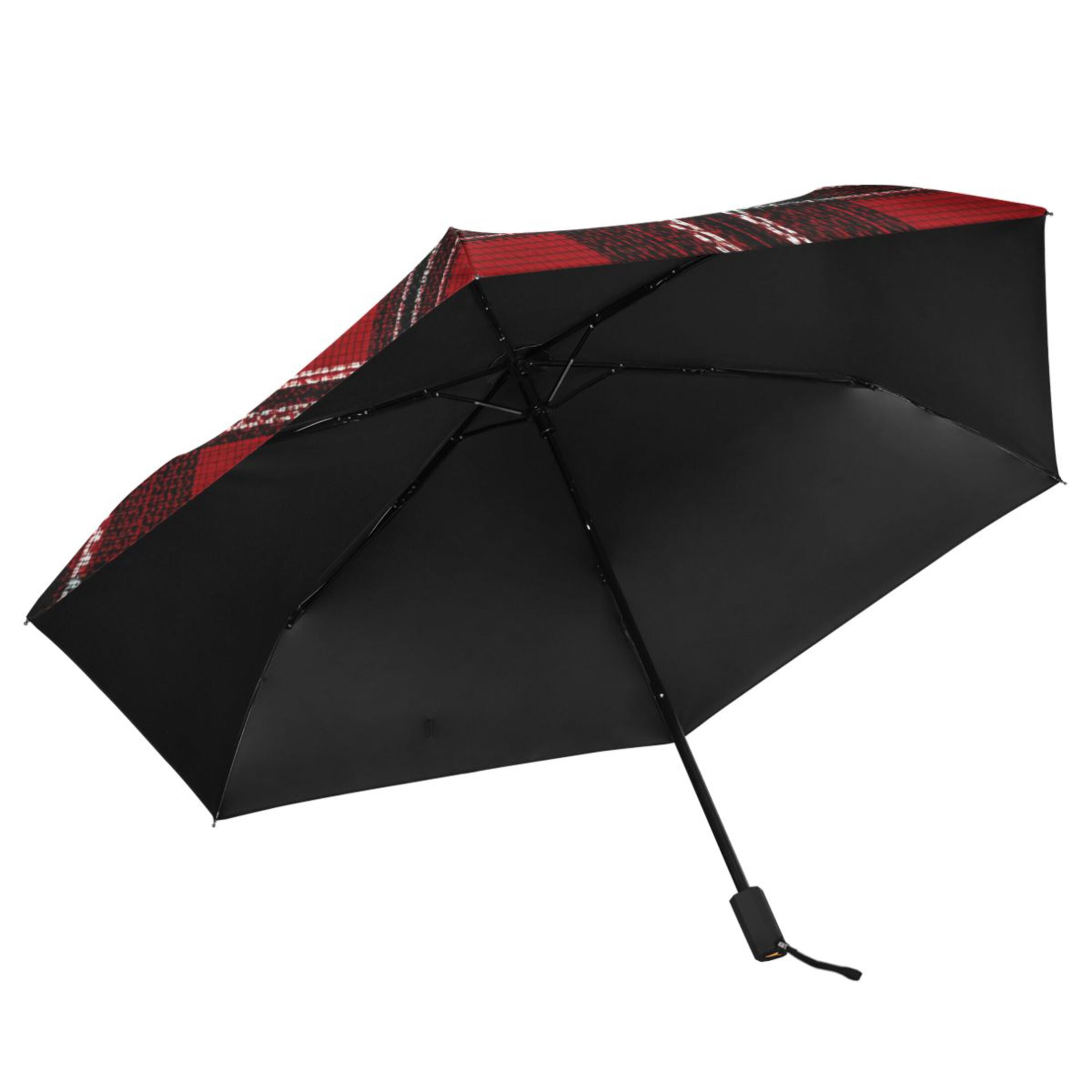 Red Black Tartan Plaids Fabric Texture All Weather Umbrella Triple Folding Parasol 6 Ribs UV Protection Portable