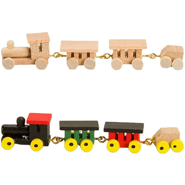 2 juegos de mini trenes decorativos de madera, modelo de tren en miniatura para casa de muñecas.
