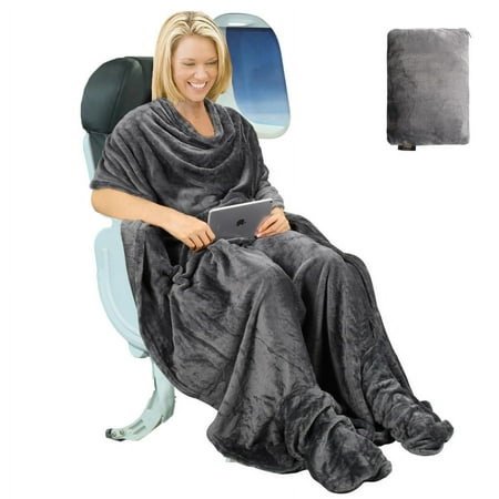 Tirrinia Travel Portable Blanket with Feet Airplane Office Poncho 4 in 1 Zippered Front Pocket Premium Cozy Fleece Blankets with Built-in Bag
