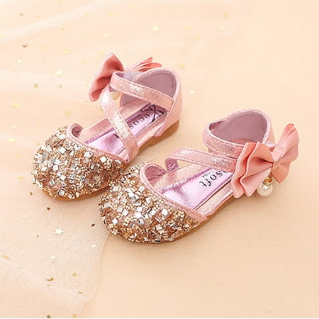 Maxcozy Girls Mary Jane Shoes Glittler Bow Dress Shoes Princess Sequins Low Heels Party Wedding Flower Girls Shoes Pink - 2.5 Little Kid