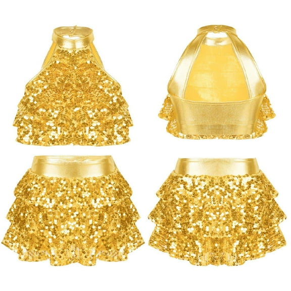 YONGHS Kids Girls Hip Hop Dancewear Shiny Sequins Halter Neck Crop Top with Skirt Set Gold 9-10