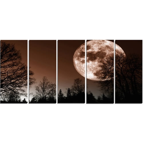 Design Art Red Moon Rise Over Dark Trees 5 Piece Photographic Print On Wrapped Canvas Set Walmart Com Walmart Com