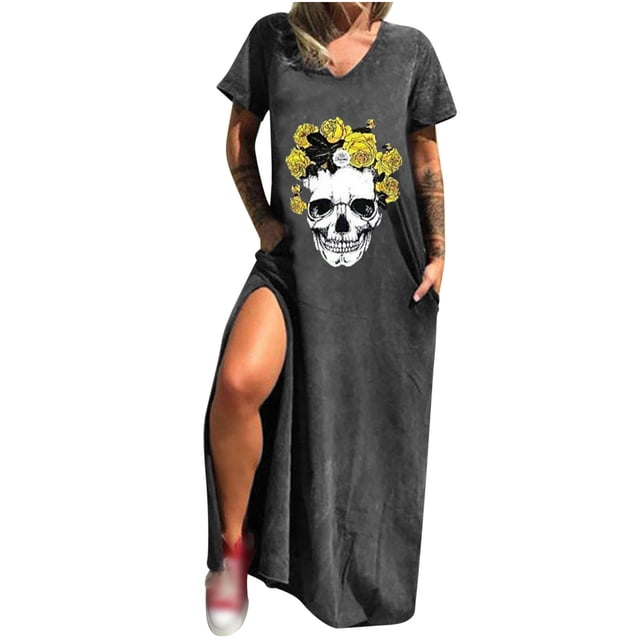 Vestido informal de verano para mujer, vestido largo de manga corta con bolsillo Sexy y cuello redondo con estampado de Calavera de Halloween Fridja bnh2622