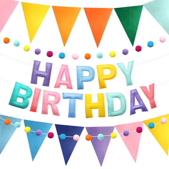 Style-Carry Happy Birthday Banner Set, Multicolor Felt 3D Padded Birthday Sign with Pom Pom Garland and Pennant Flags, Reusable Party Decorations for Women