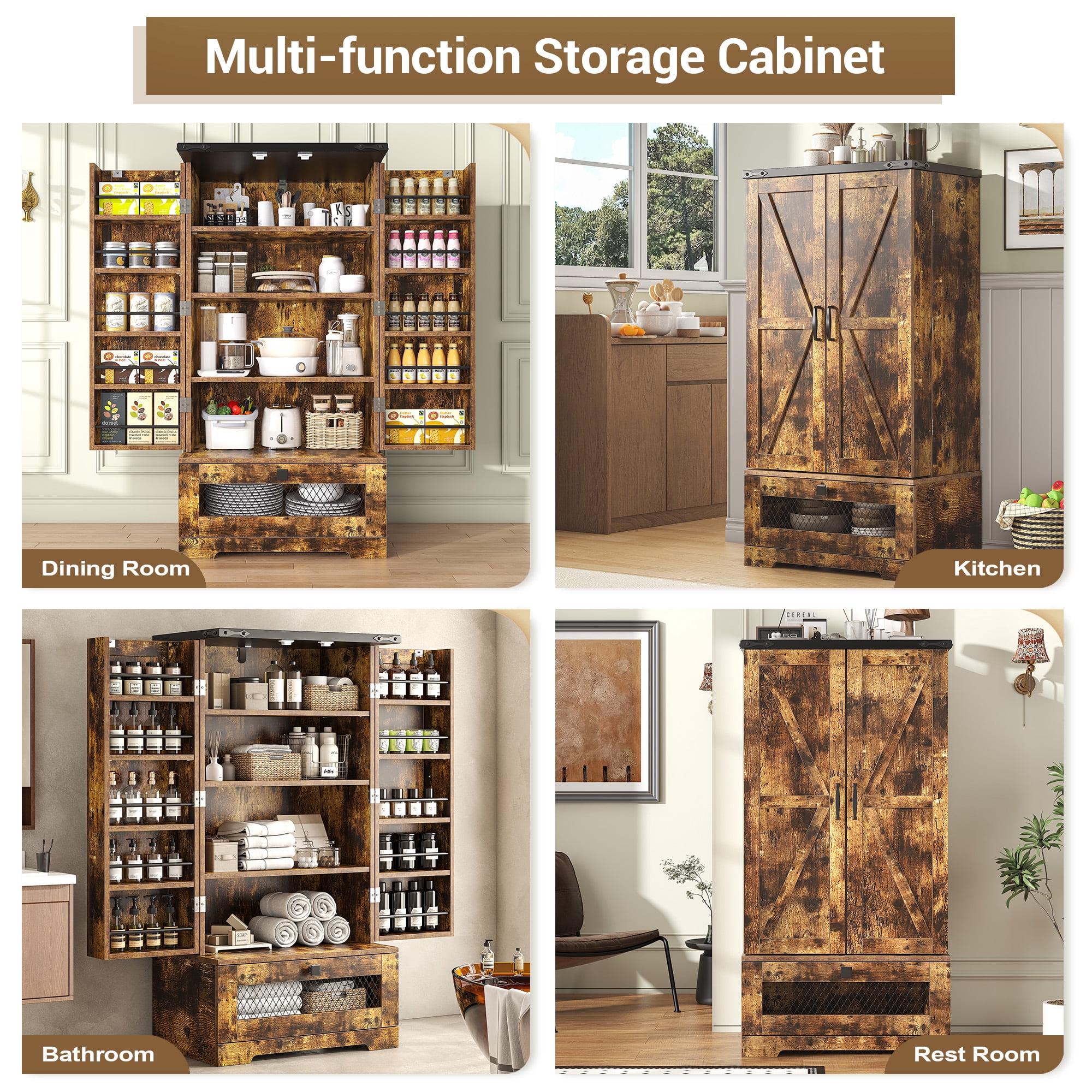 Casendy Kitchen Pantry Cabinets with Adjustable Shelves and Drawer, Farmhouse Kitchen Pantry Storage Cabinet with Doors, Buffet Cupboards Sideboard for Dining Room, Bathroom, Brown