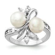 Cheryl M 925 Sterling Silver RH-plated CZ Leaves & White FWC Pearl Ring Size: 6; for Adults and Teens; for Women and Men
