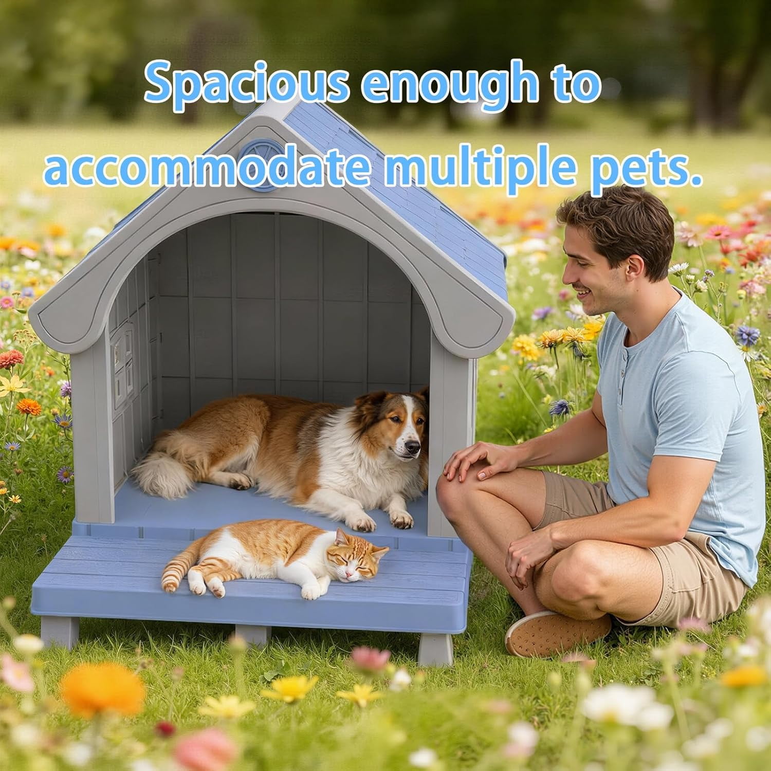 Joxxoaa Dog House Resin Dog Kennel with Cute Elegant Design & Extended Elevated Floor, Dog Houses for Large Dogs Outside Weatherproof for Indoor & Outdoor Use,Father's Day Gift