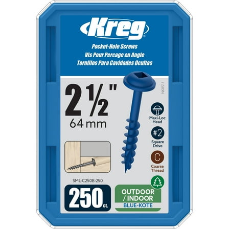 Kreg SML-C250B-250 Blue-Kote Pocket-Hole Screws, 2 1/2 inch, Coarse Thread, Maxi-Loc Head (250 Count)