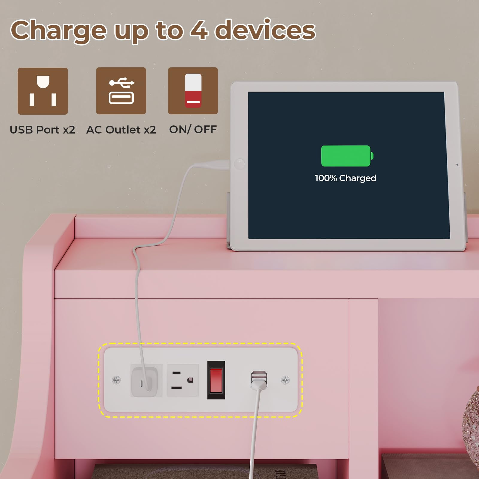 AMUZER Nightstand with Charging Station, Night Stand with 3 Drawers and Open Storage, Bedside Table with 2 USB Ports & 2 Outlets, Modern End Table Bedroom, Pink