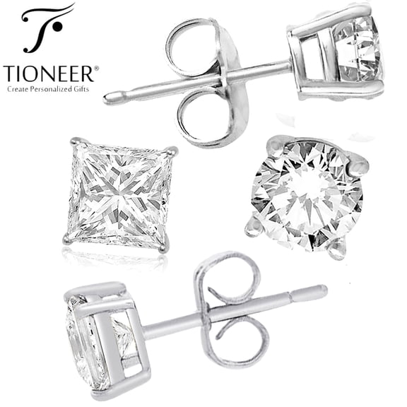 Tioneer 925 Sterling Silver Brilliant Cut Cubic Zirconia Earrings, Earrings for Women & Men, Round or Square