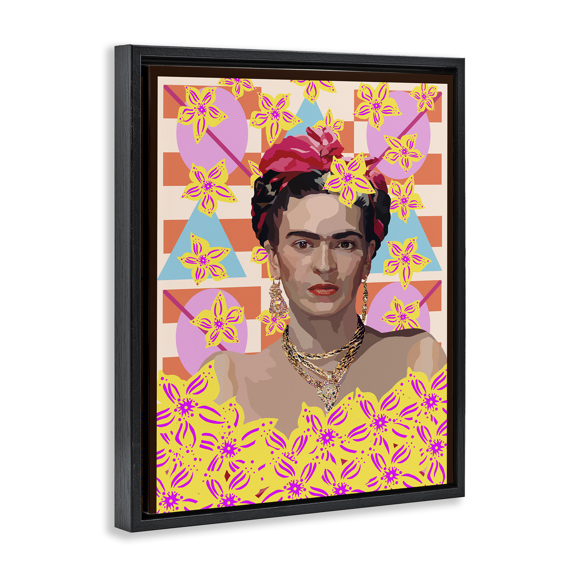 Frida's Floral Journey Black Framed Floater Canvas Wall Art, design by Lynnda Rakos