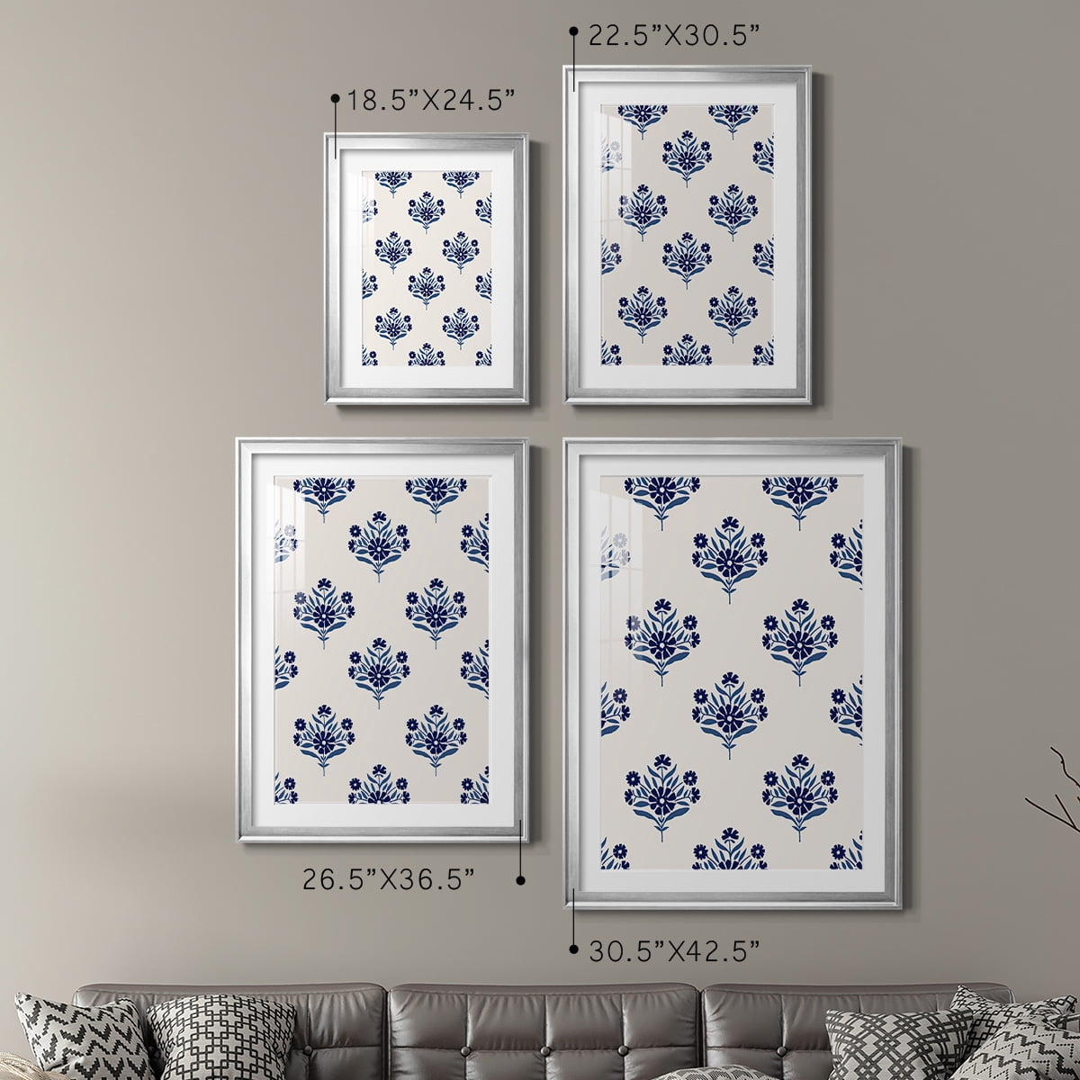 Wexford Home Indigo Bloom Pattern I Premium Framed Print, 30.5" x 42.5" - Ready to Hang, Silver (Set of 2)
