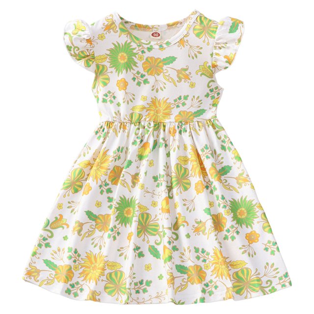 BOBOGOJP Robe Décontractée pour Filles Manches Volantes Imprimés Floraux Robe de Danse Vêtements de Fête (Jaune, 18-24 Mois)