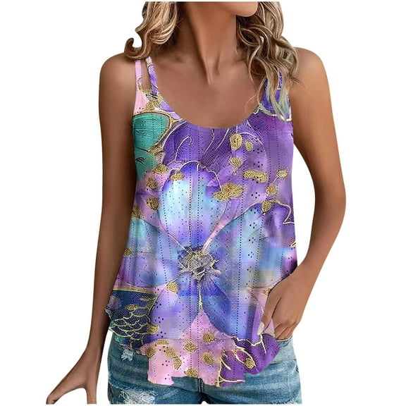 Sleeveless Cami Tops For Womens Spaghetti Straps Sexy Pleated Tank Tops Women Petal Print T-Shirt Casual Comfy T-ShirtsWomens Crew Neck Top
