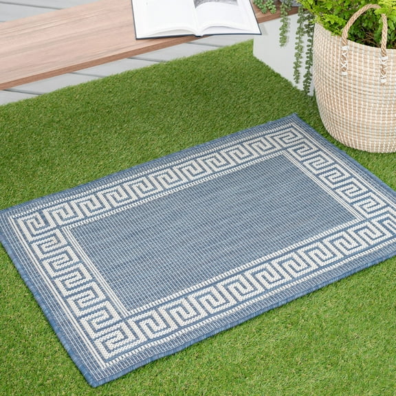 2x3 Water Resistant, Small Indoor Outdoor Rugs for Patios, Front Door Entry, Entryway, Deck, Porch, Balcony | Outside Area Rug for Patio | Blue, Greek Key | Size: 2' x 3'