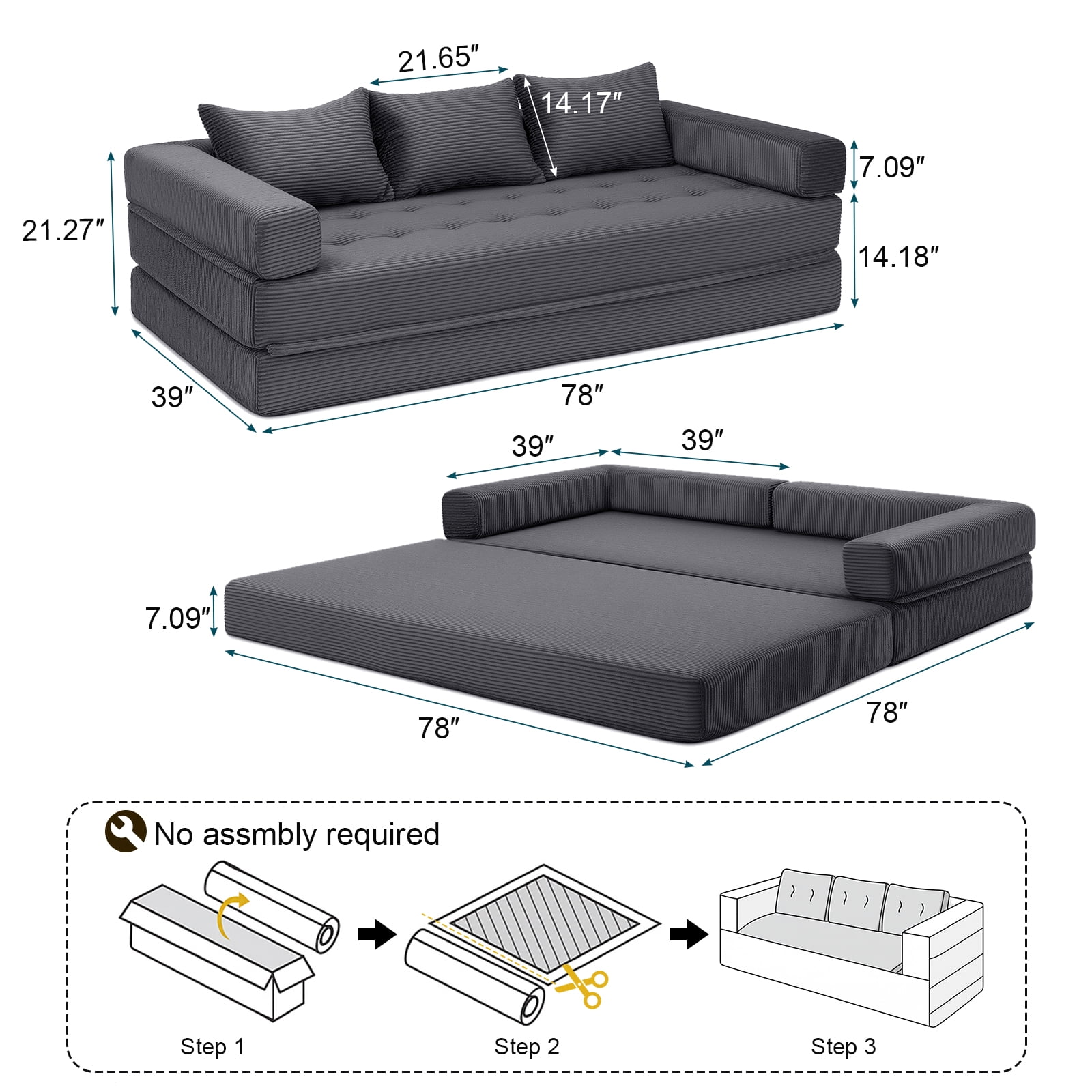 Hommpa 78" Convertible Sofa Bed Foldable Couch Bed Folding Mattress Couch, Sleeper Sofa with 3 Pillows with High Density Foam Filling, for Living Room for Holiday Festival Christmas Gift, Gray, King