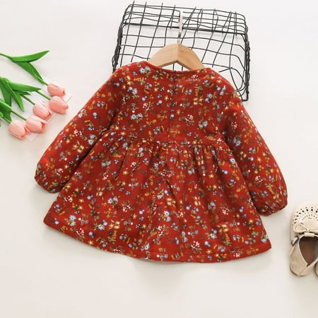

eczipvz Baby Girl Clothes Toddler Girls Long Sleeve Floral Prints Bowknot Lace Ruffles Dress Dance Party Dresses Clothes plus (Orange 2-3 Years)