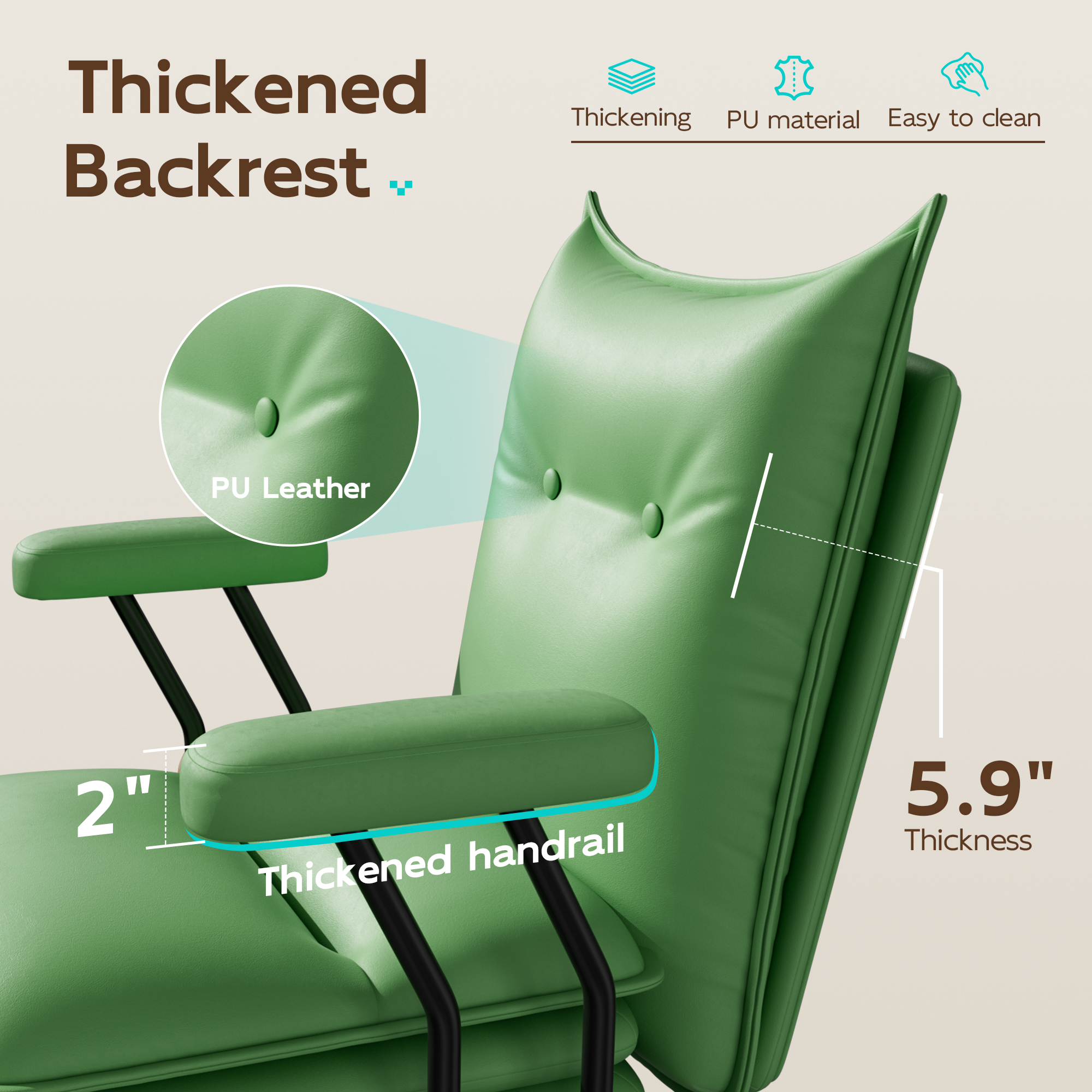 iooHug Ergonomic Green Office Chair, PU Leather Desk Chair with Thick Cushioned Seat, Mid Back Swivel Office Chair for Home Office & Study, Adjustable Height, 300 LBS