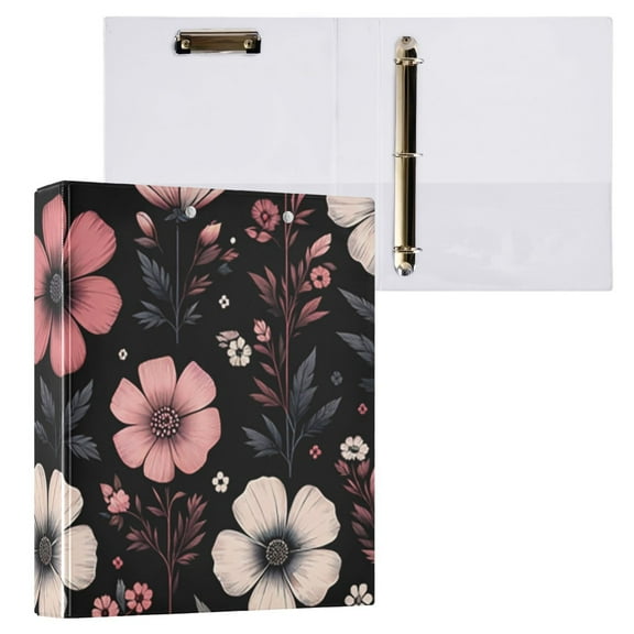 Pink Flower on Black 3 Ring Binders 1.5 inch Hardcover File Folders with Interior Pockets A4 Size Organizer for School Office Hospital Set of 2