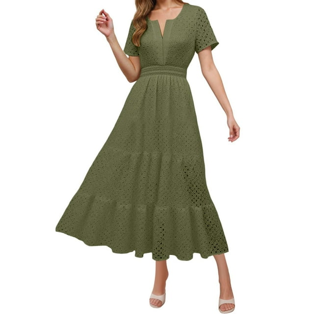 Robes pour Femmes 2025 Été Manches Courtes Robe Maxi Décontractée Col en V Œillet Volantée Évasée Longue