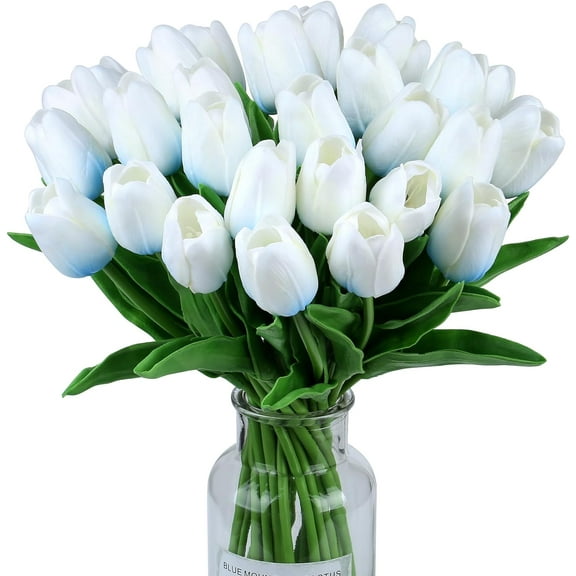 Fake Tulips Artificial Flowers Real Touch " Silk Flower for Home Kitchen Decor Mother's Day Spring Easter Wedding Bouquet Decorations Office Floral Arrangements(Blue on White)