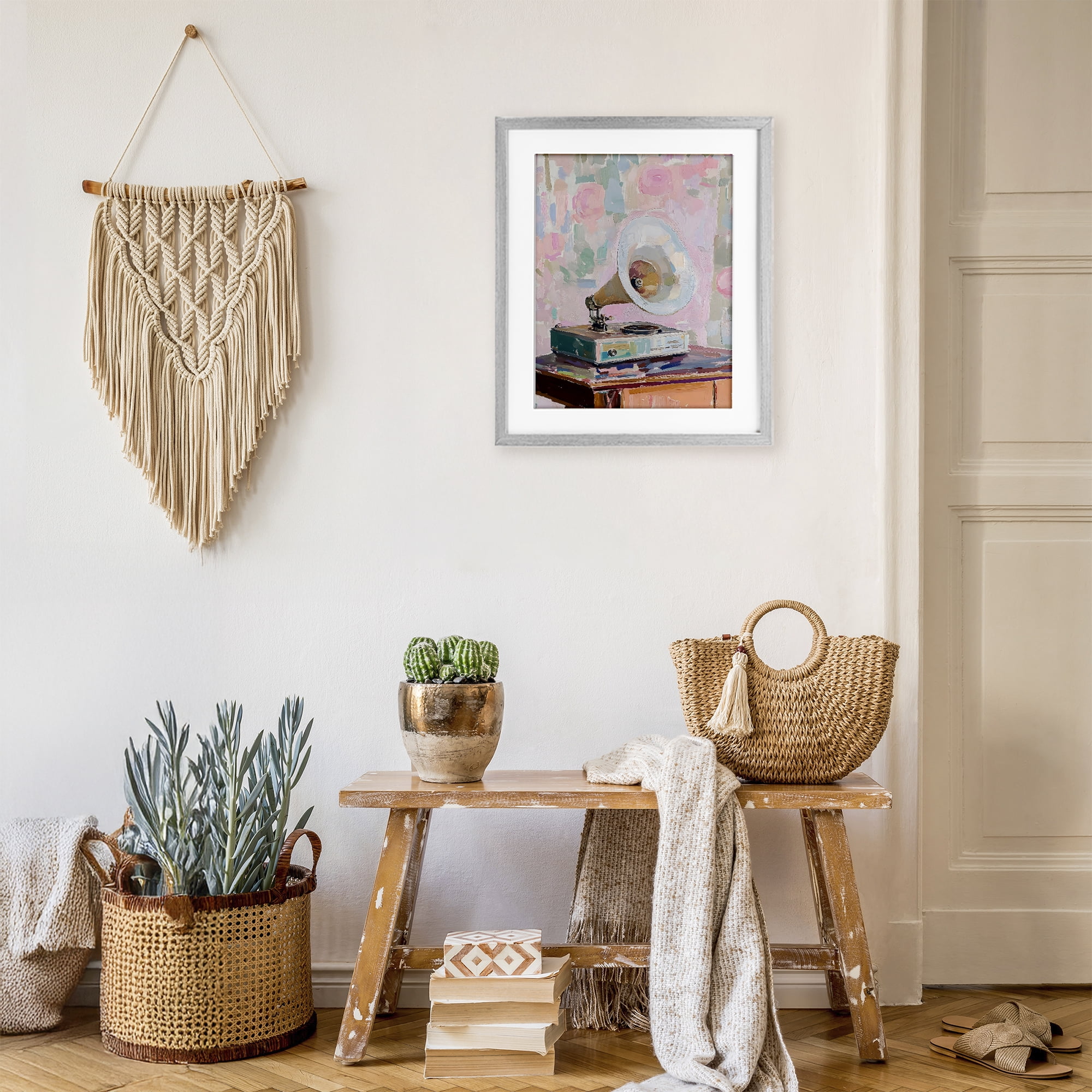 Stupell Industries Vintage Gramophone in Soft Pastels Gray Framed Print Under Glass, design by The Prints Vibe