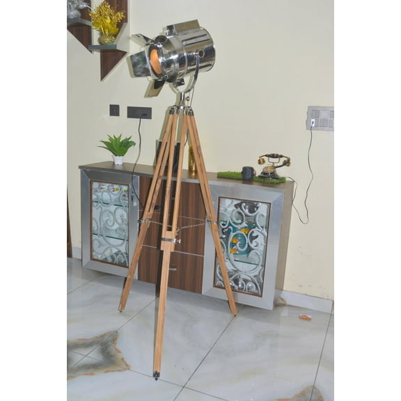 Vintage style chrome spotlight lamp on wooden tripod base floor lamp lighting decorative searchlight