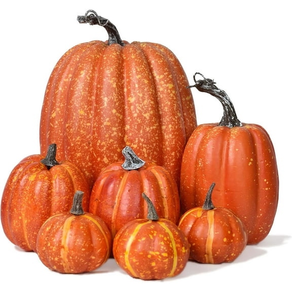 Artificial Pumpkins Set Harvest Decoration, 7pcs Assorted Size Orange Pumpkins Realistic Large Pumpkins for Halloween Thanksgiving Autumn Festive Party Supplies (Orange)