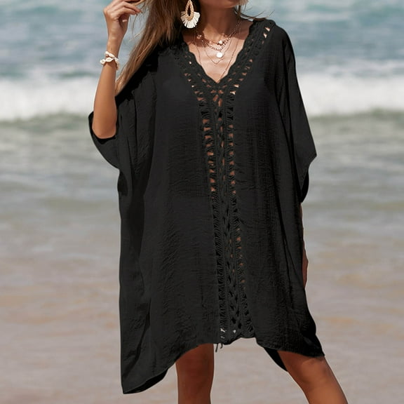 Brilliant Beach Cover up Womens Bathing Suit Bikini Swimsuit Coverup Crochet Loose Dress Sleeveless Tank Hollow Out(Black,One size)