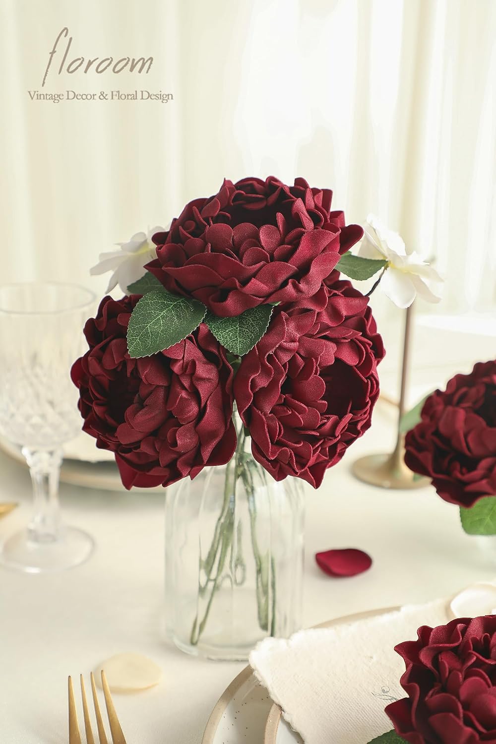 Artificial Flowers 16pcs 4" Burgundy Blooming Peonies Real Looking Foam Fake Roses with Stems for DIY Wedding Bouquet Dark Red Bridal Shower Centerpieces Floral Arrangements Tables Decorations