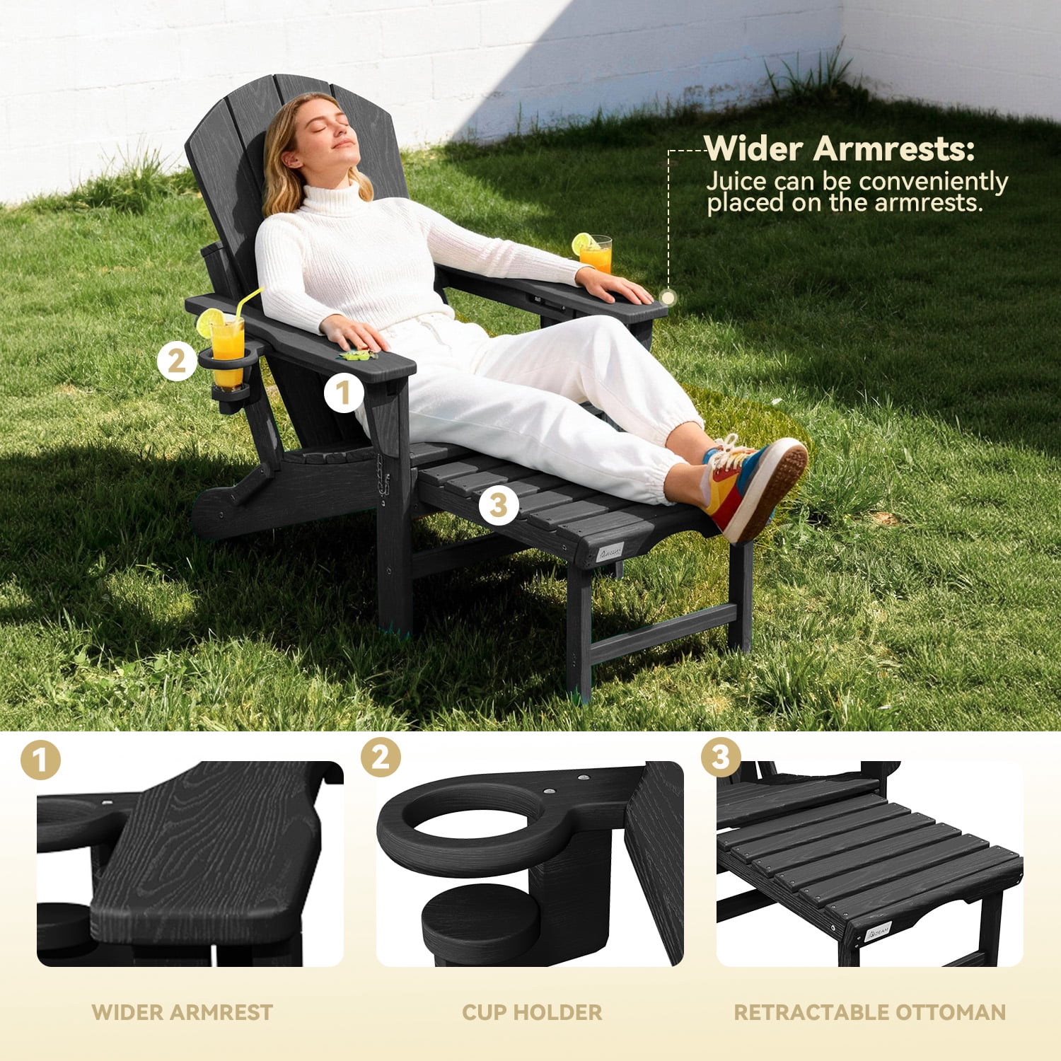 Erinnyees 3-Level Adjustable Adirondack Chair with Retractable Ottoman, HDPE All-Weather Folding Fire Pit Chair with 2 Cup Holders, Outdoor Chair for Garden